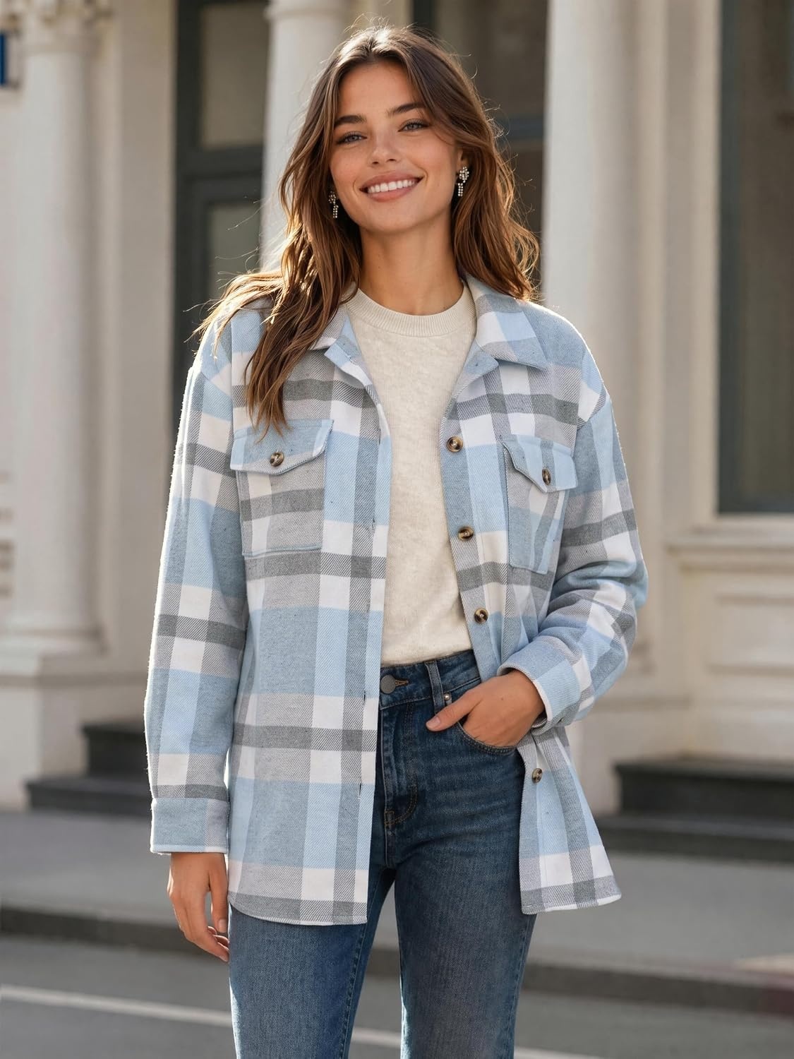 image:imageZeagoo Womens Flannel Plaid Shacket Long Sleeve Button Down Jacket S2XLGrayblue