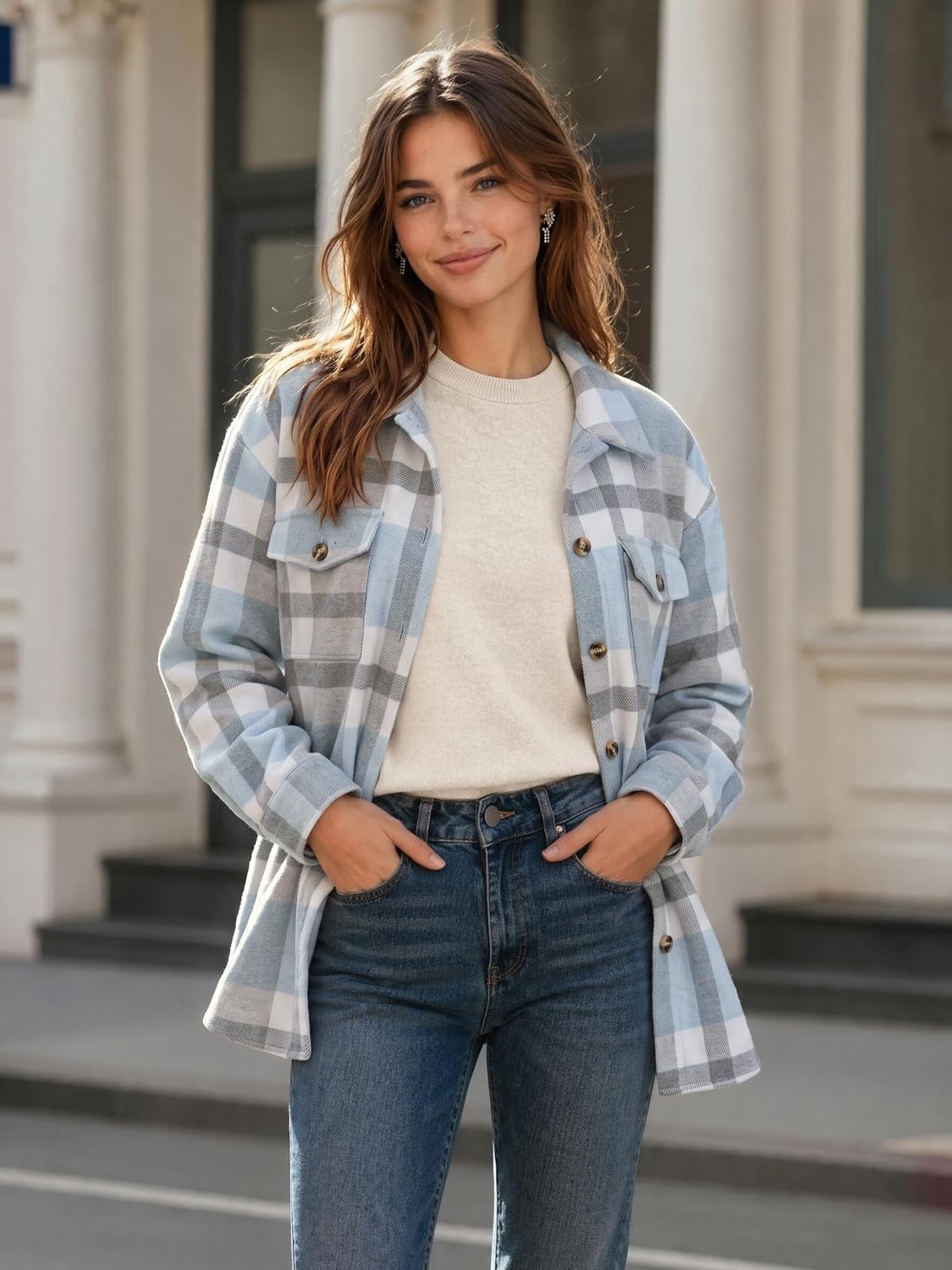 image:imageZeagoo Womens Flannel Plaid Shacket Long Sleeve Button Down Jacket S2XLGrayblue