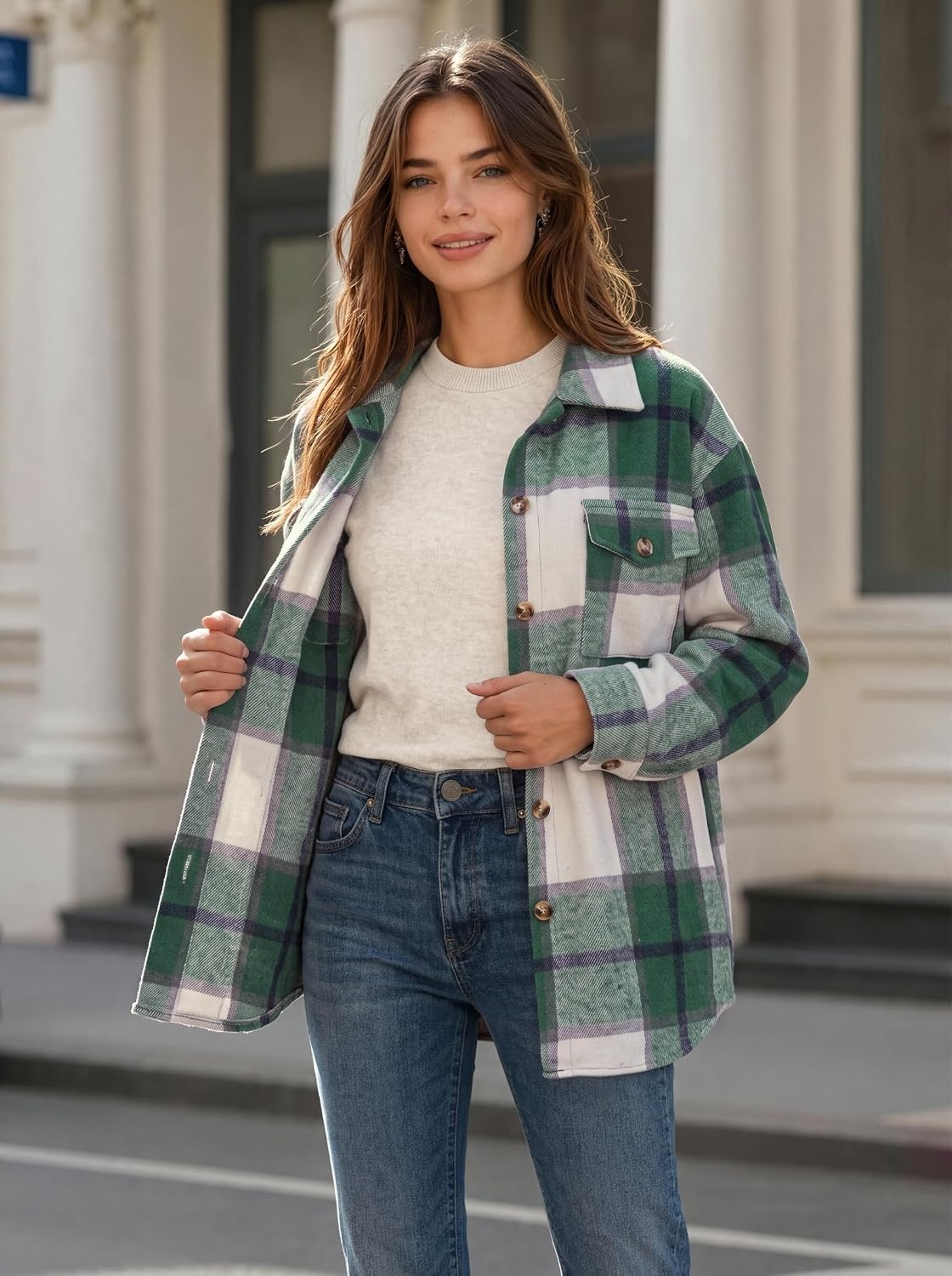 image:imageZeagoo Womens Flannel Plaid Shacket Long Sleeve Button Down Jacket S2XLGreen