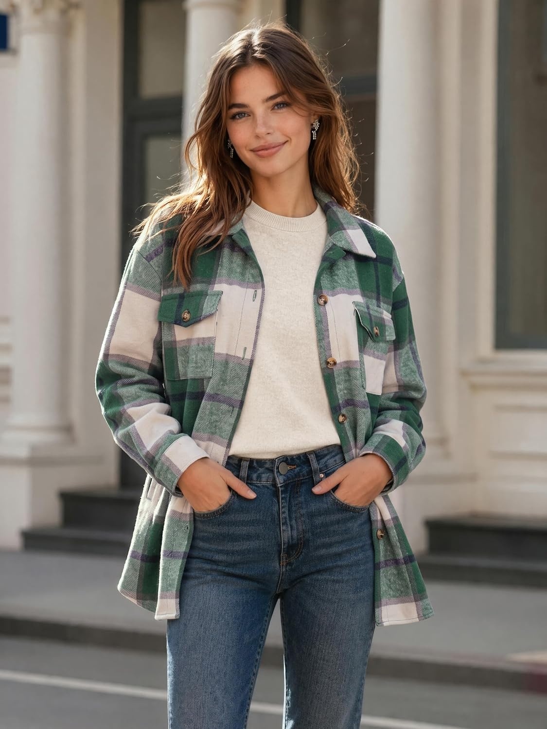 image:imageZeagoo Womens Flannel Plaid Shacket Long Sleeve Button Down Jacket S2XLGreen