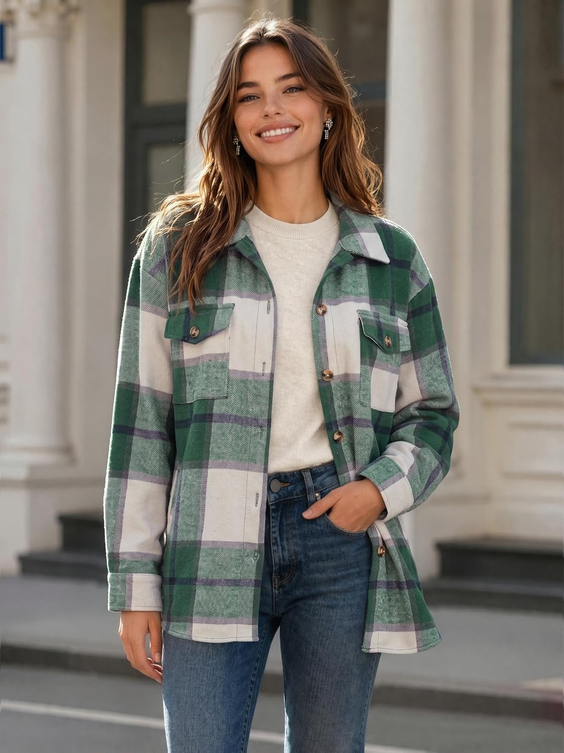 image:imageZeagoo Womens Flannel Plaid Shacket Long Sleeve Button Down Jacket S2XLGreen