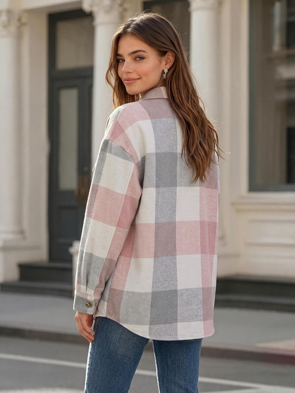 image:imageZeagoo Womens Flannel Plaid Shacket Long Sleeve Button Down Jacket S2XLPink