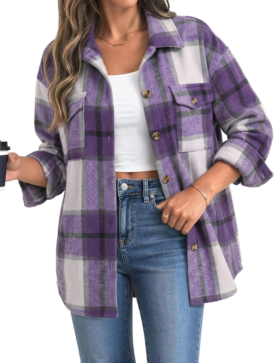 image:imageZeagoo Womens Flannel Plaid Shacket Long Sleeve Button Down Jacket S2XLPurple