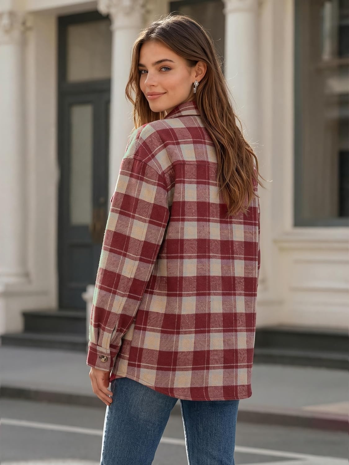 image:imageZeagoo Womens Flannel Plaid Shacket Long Sleeve Button Down Jacket S2XLRed