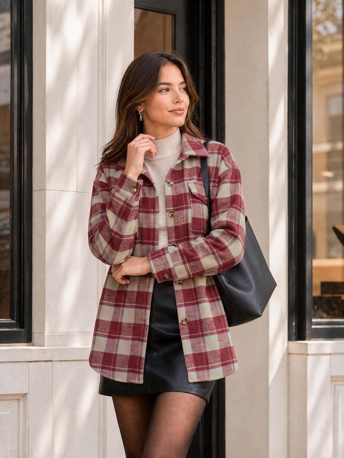 image:imageZeagoo Womens Flannel Plaid Shacket Long Sleeve Button Down Jacket S2XLRed