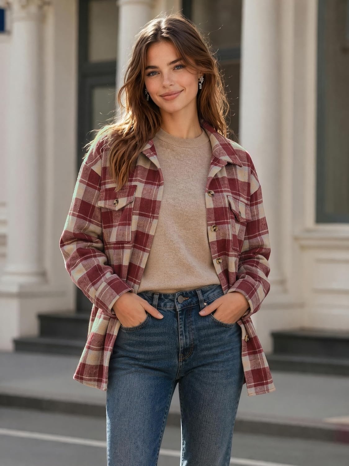 image:imageZeagoo Womens Flannel Plaid Shacket Long Sleeve Button Down Jacket S2XLRed