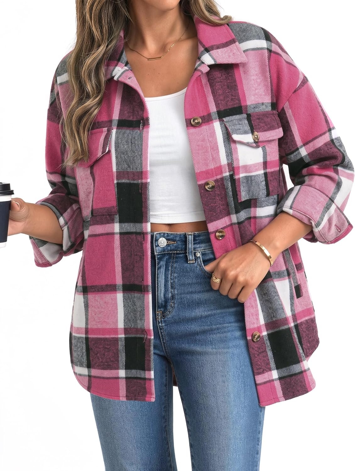 image:imageZeagoo Womens Flannel Plaid Shacket Long Sleeve Button Down Jacket S2XLRose