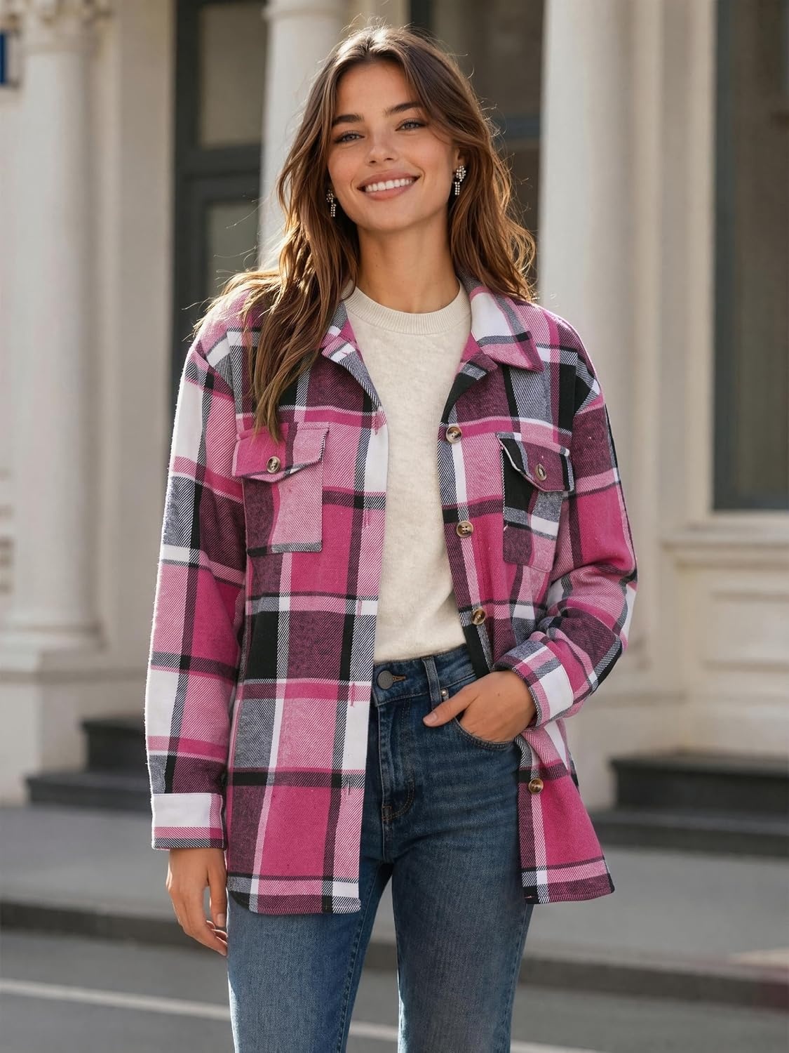 image:imageZeagoo Womens Flannel Plaid Shacket Long Sleeve Button Down Jacket S2XLRose