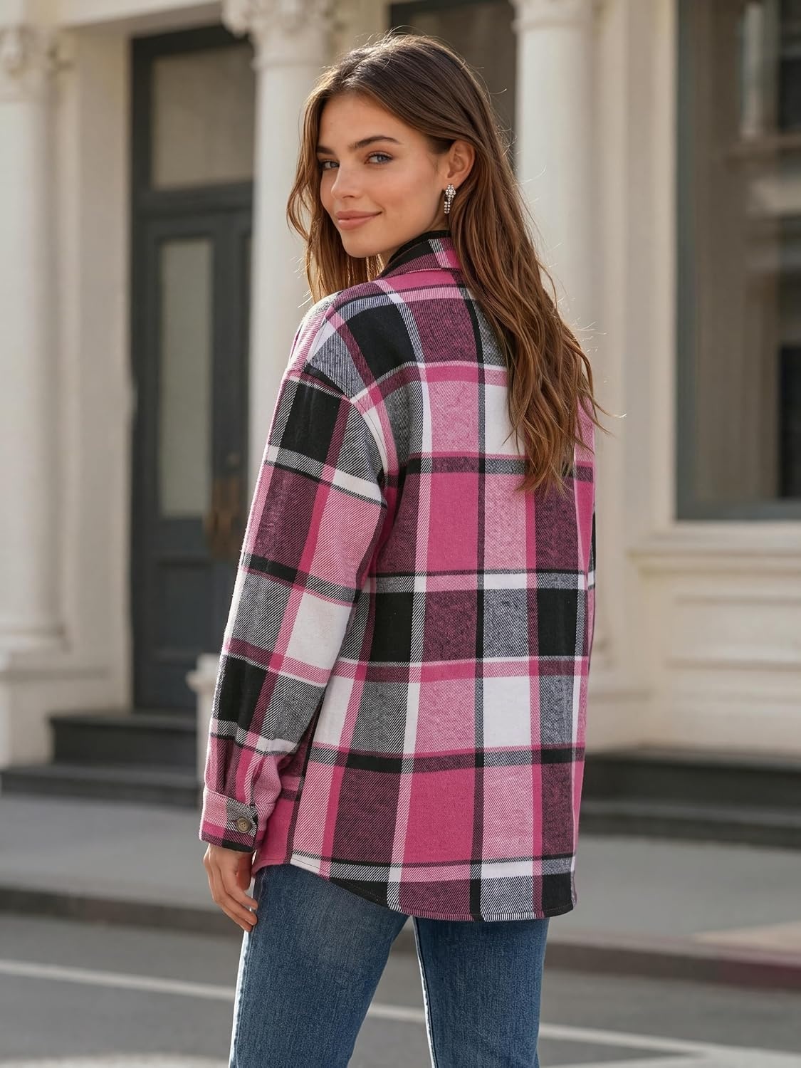 image:imageZeagoo Womens Flannel Plaid Shacket Long Sleeve Button Down Jacket S2XLRose