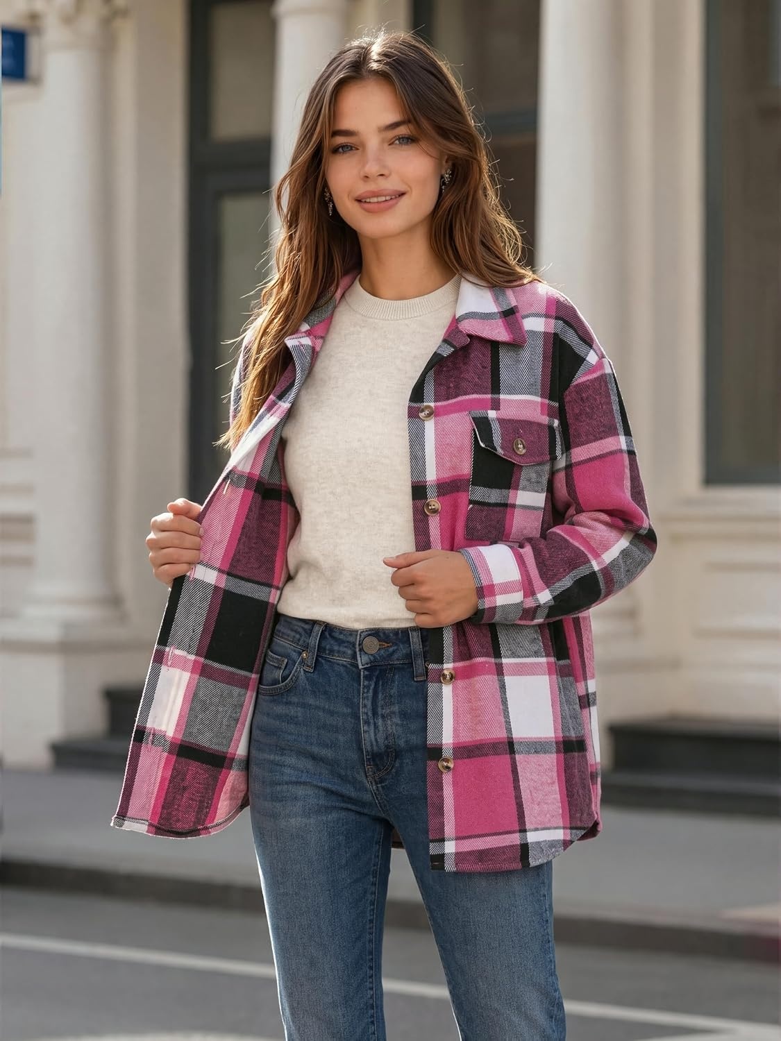 image:imageZeagoo Womens Flannel Plaid Shacket Long Sleeve Button Down Jacket S2XLRose