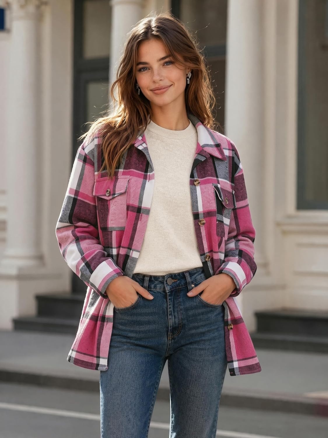 image:imageZeagoo Womens Flannel Plaid Shacket Long Sleeve Button Down Jacket S2XLRose