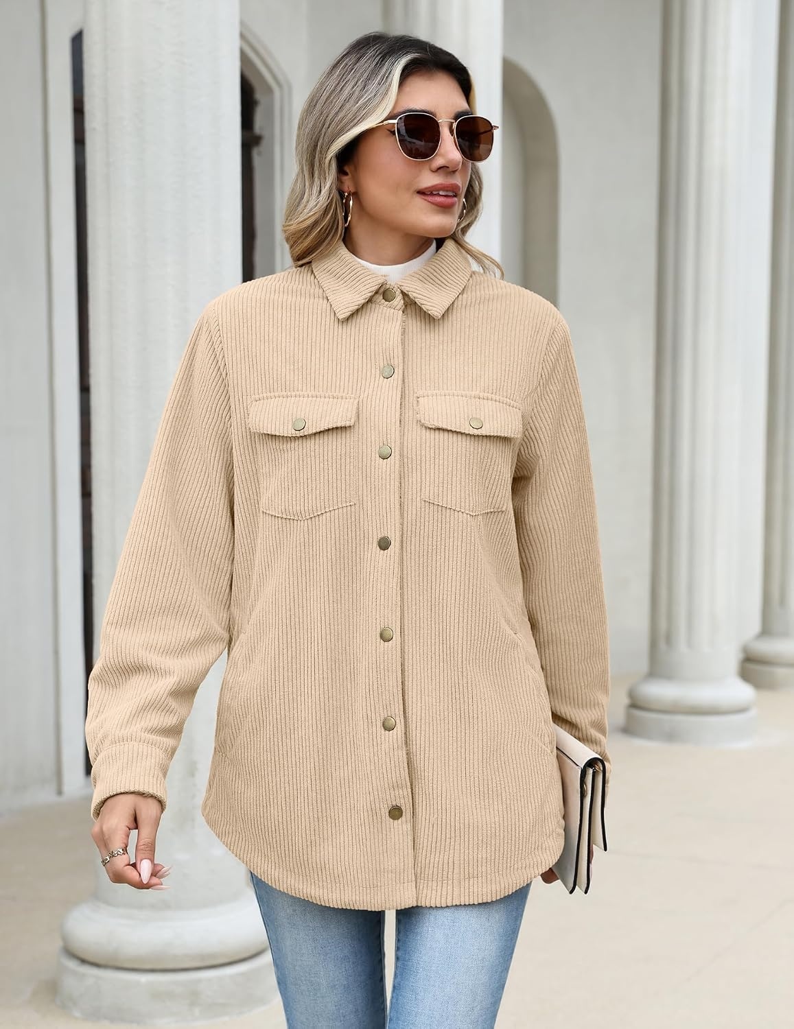 image:imageZeagoo Womens Fleece Jackets Corduroy Shackets Snap Casual Fall CoatBeige