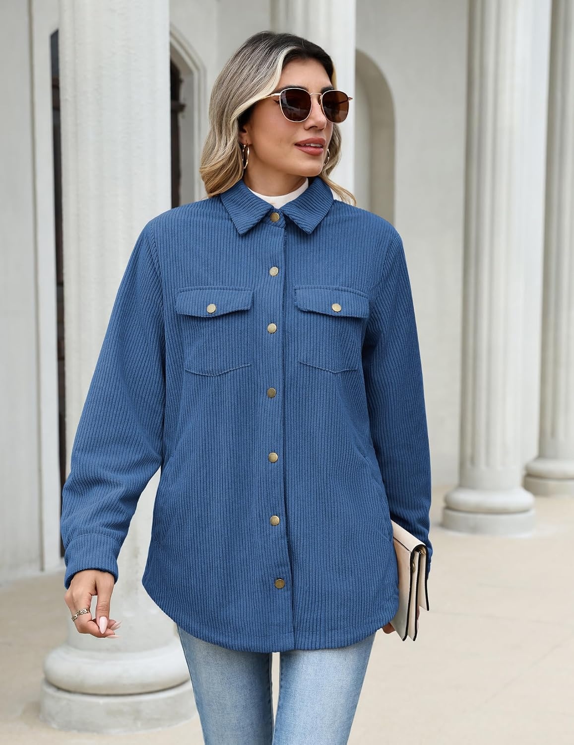image:imageZeagoo Womens Fleece Jackets Corduroy Shackets Snap Casual Fall CoatBlue