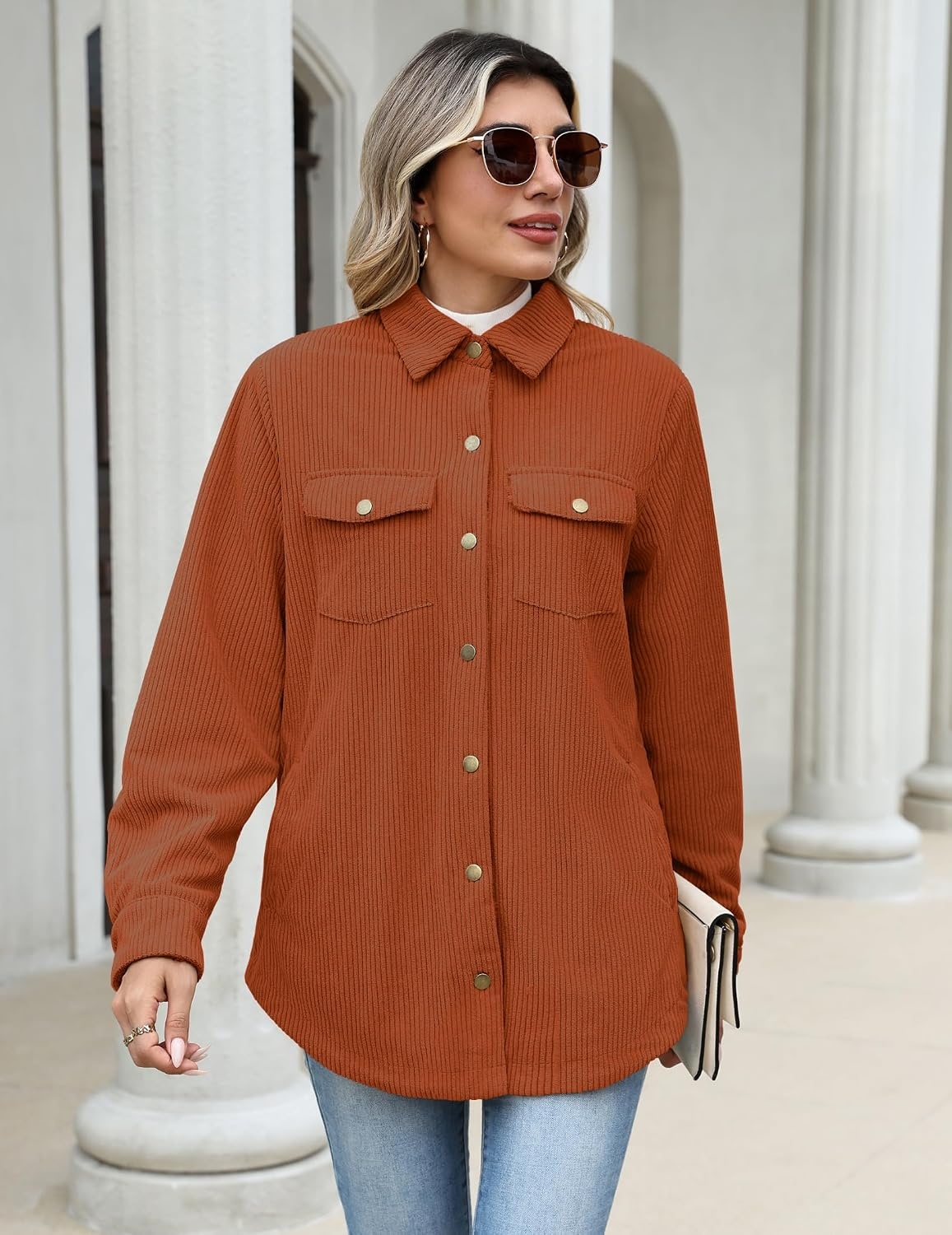 image:imageZeagoo Womens Fleece Jackets Corduroy Shackets Snap Casual Fall CoatCaramel