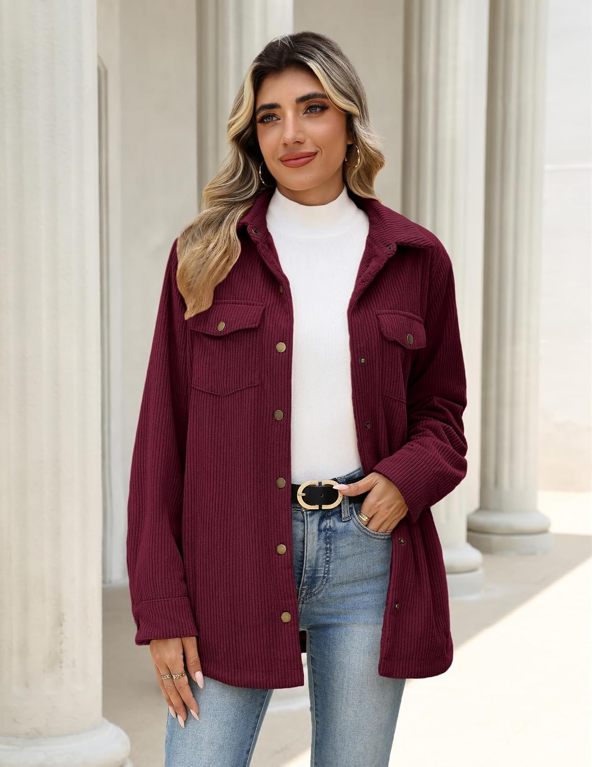 image:imageZeagoo Womens Fleece Jackets Corduroy Shackets Snap Casual Fall CoatDark Red