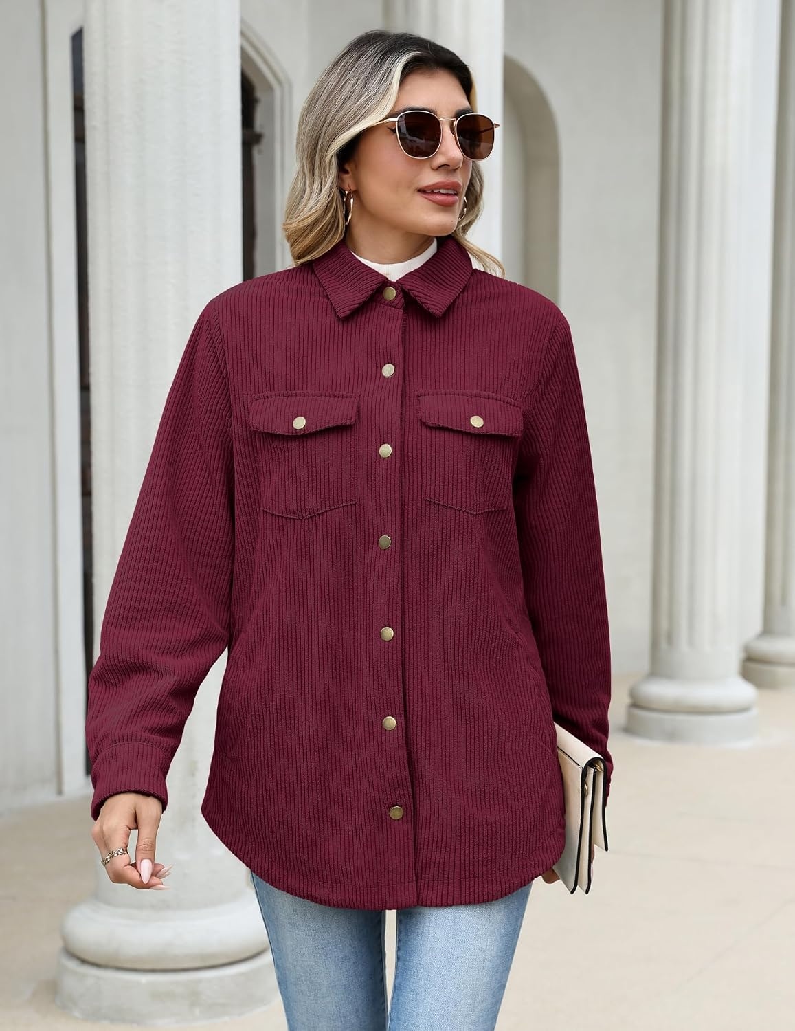 image:imageZeagoo Womens Fleece Jackets Corduroy Shackets Snap Casual Fall CoatDark Red