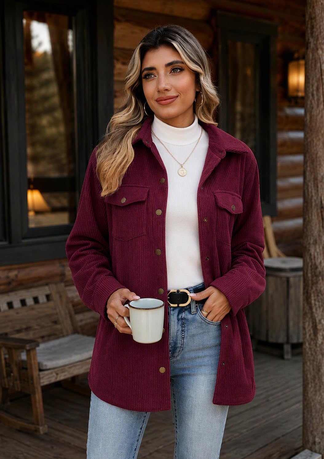 image:imageZeagoo Womens Fleece Jackets Corduroy Shackets Snap Casual Fall CoatDark Red