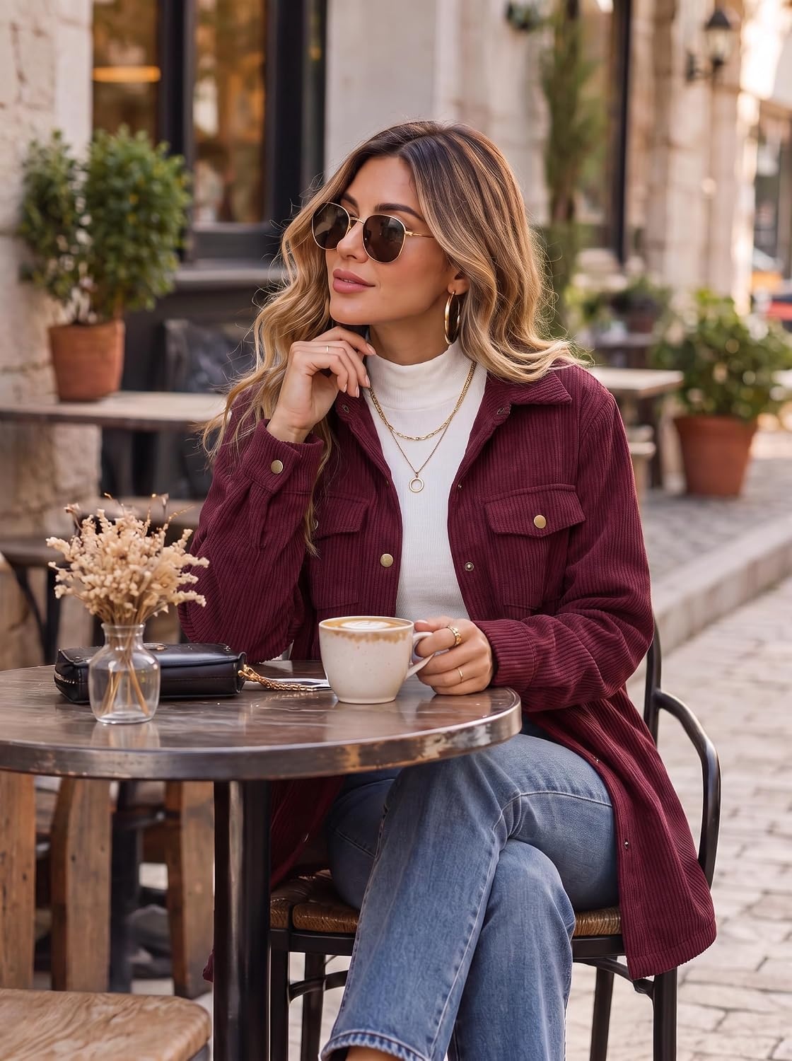 image:imageZeagoo Womens Fleece Jackets Corduroy Shackets Snap Casual Fall CoatDark Red