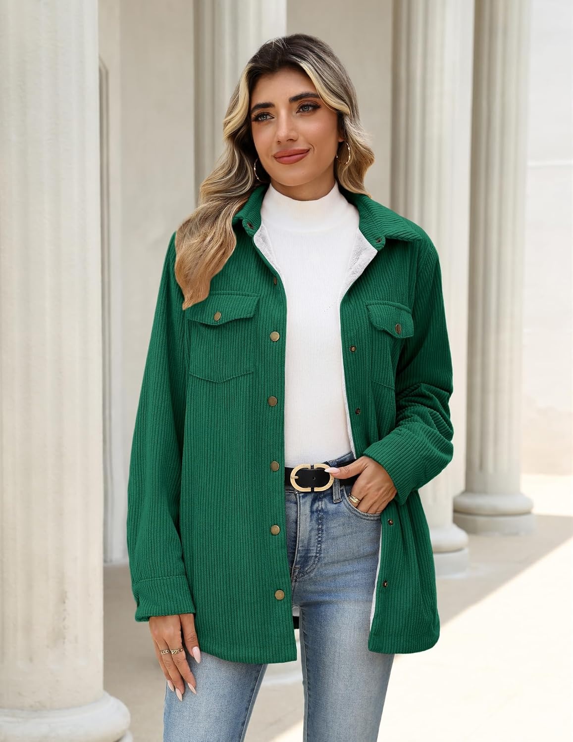 image:imageZeagoo Womens Fleece Jackets Corduroy Shackets Snap Casual Fall CoatGreen