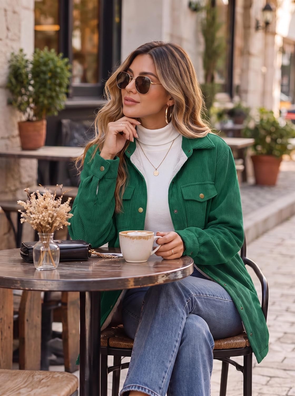 image:imageZeagoo Womens Fleece Jackets Corduroy Shackets Snap Casual Fall CoatGreen