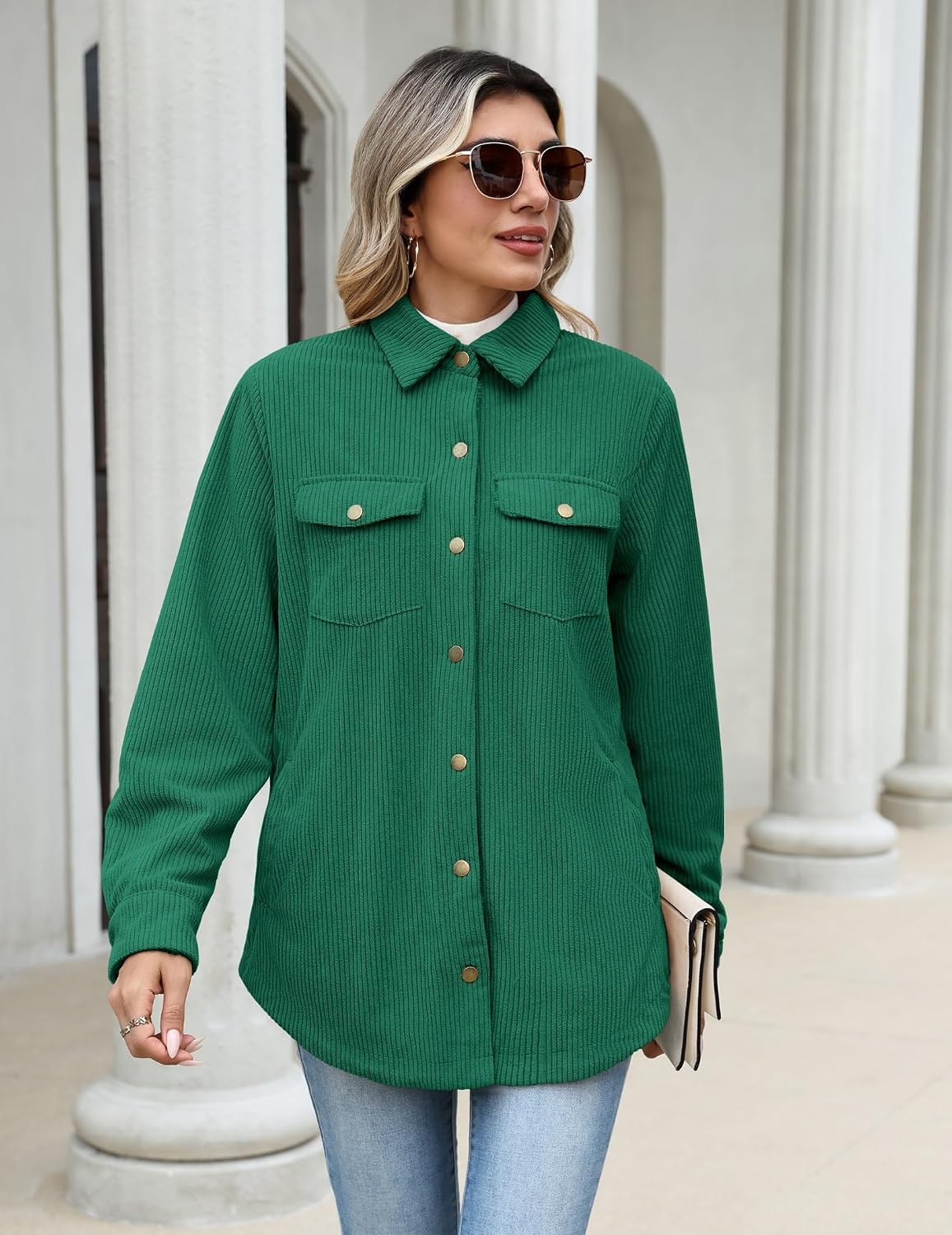 image:imageZeagoo Womens Fleece Jackets Corduroy Shackets Snap Casual Fall CoatGreen