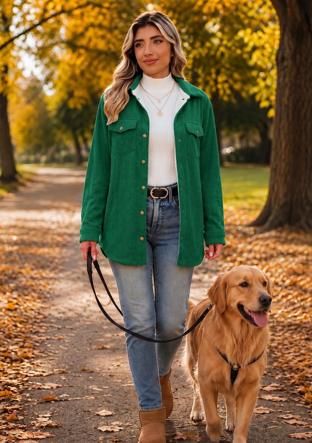 image:imageZeagoo Womens Fleece Jackets Corduroy Shackets Snap Casual Fall CoatGreen