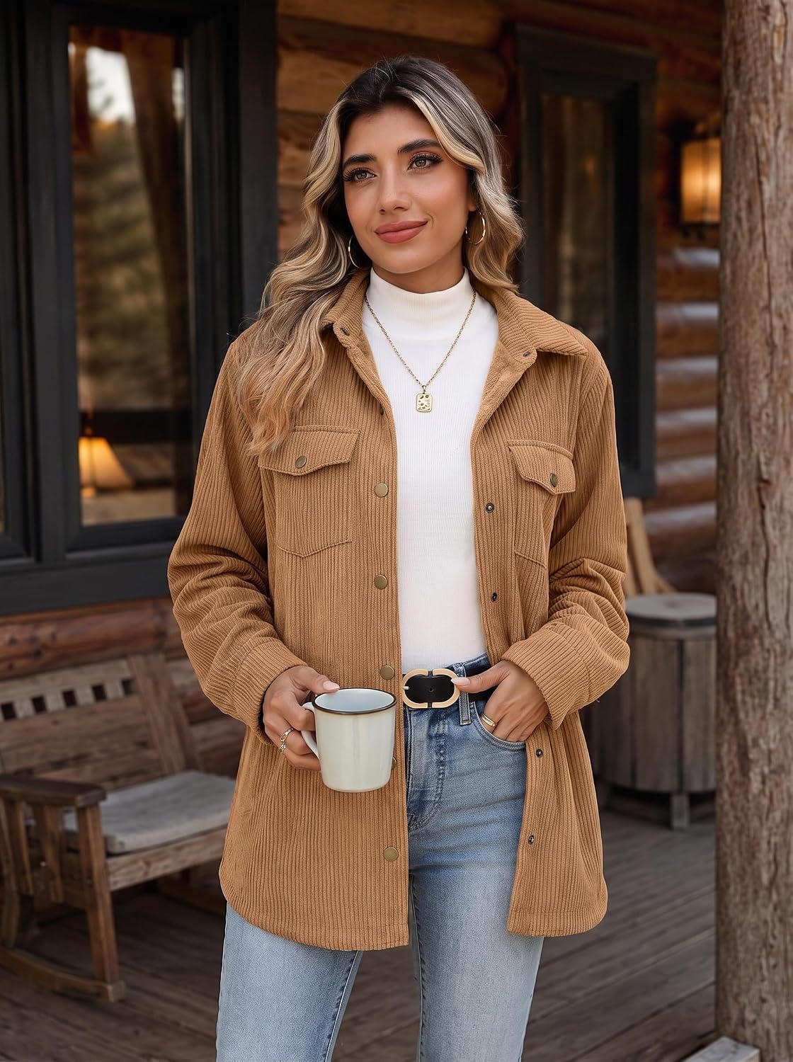 image:imageZeagoo Womens Fleece Jackets Corduroy Shackets Snap Casual Fall CoatKhaki