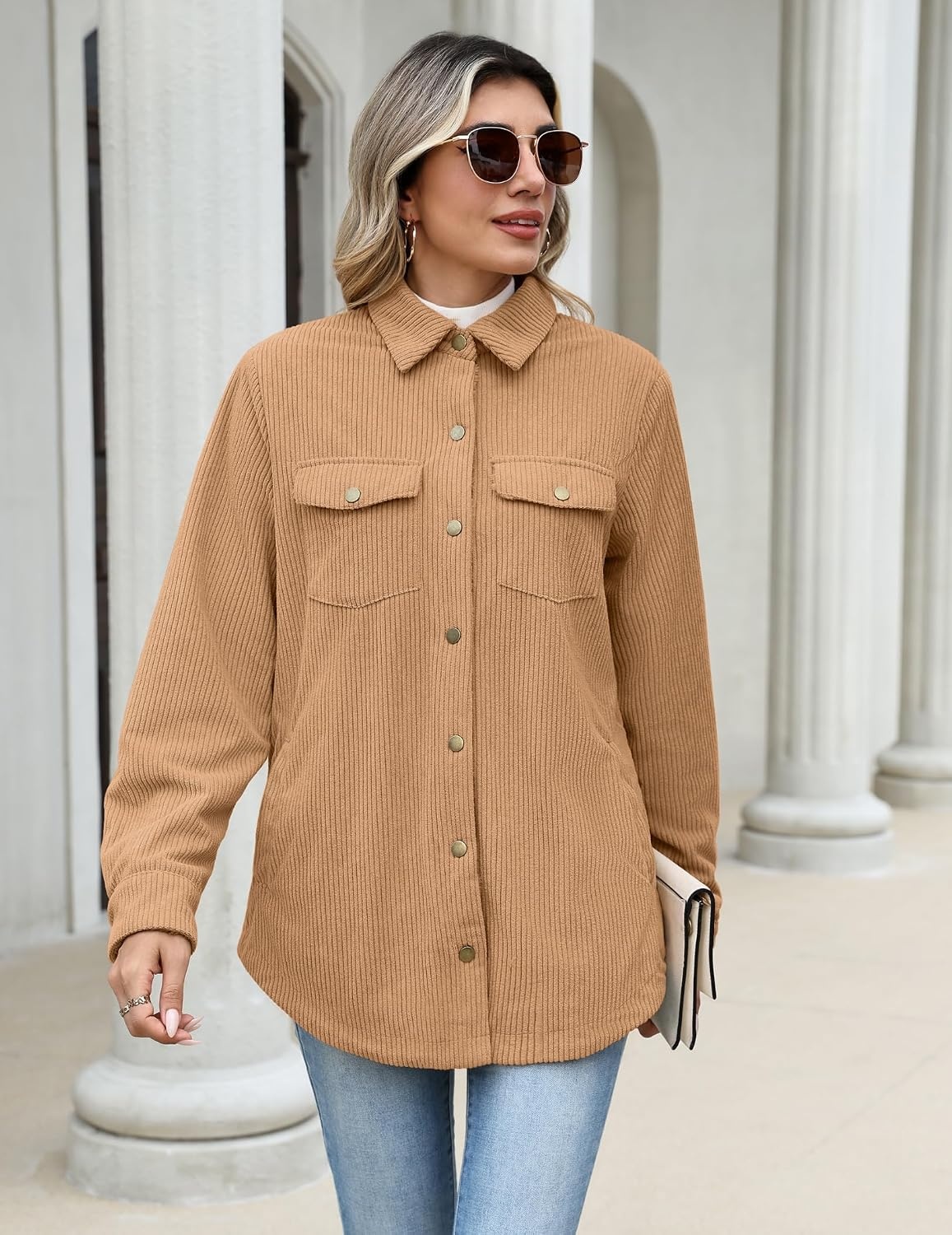 image:imageZeagoo Womens Fleece Jackets Corduroy Shackets Snap Casual Fall CoatKhaki
