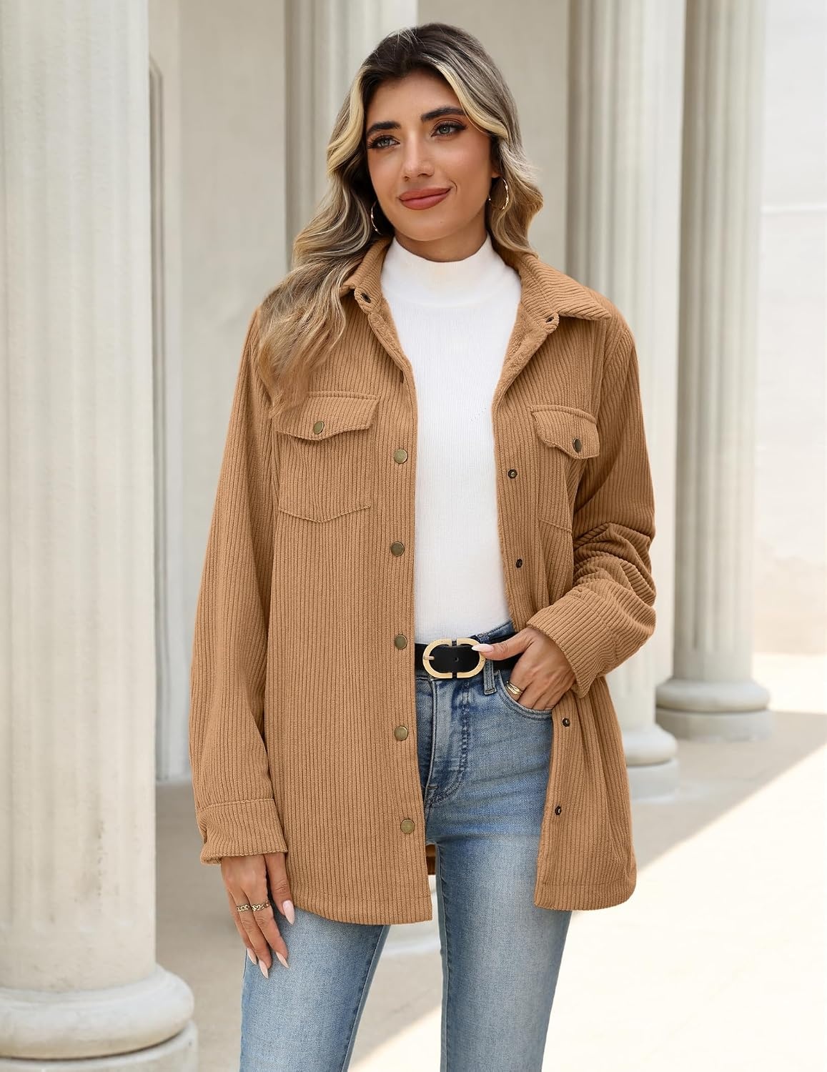 image:imageZeagoo Womens Fleece Jackets Corduroy Shackets Snap Casual Fall CoatKhaki