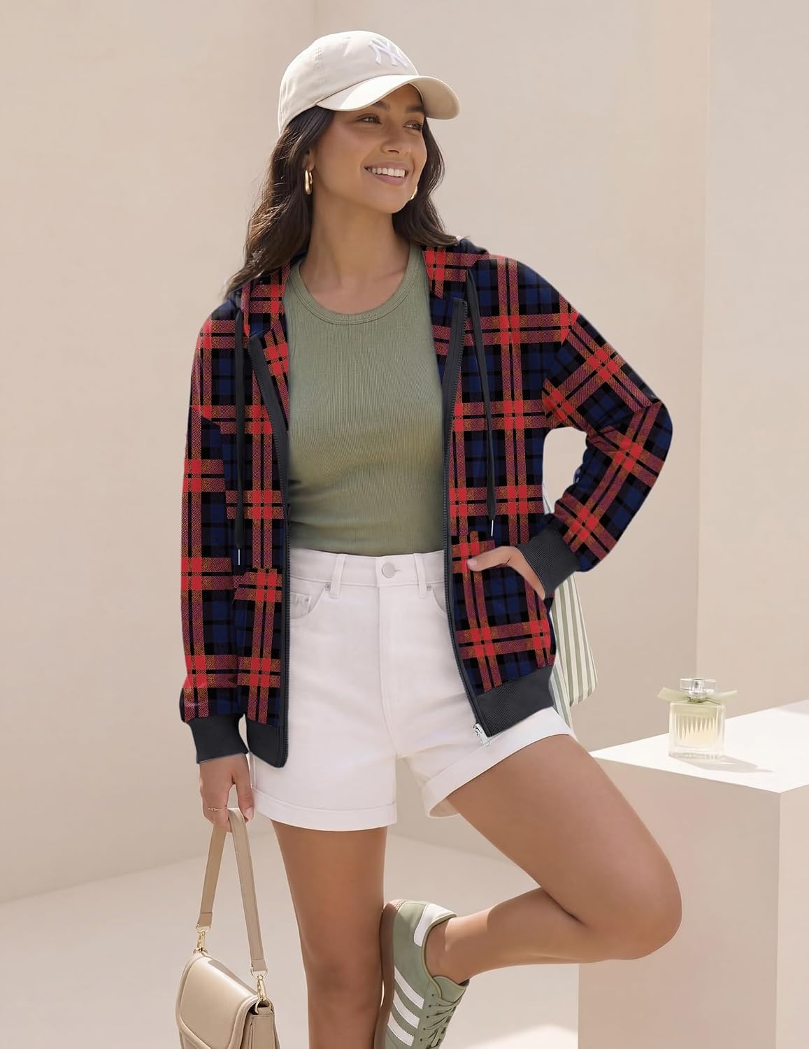 image:imageZeagoo Womens Lightweight Hoodies Full Zip Up Oversized Sweatshirt TrendyBlack Red Plaid