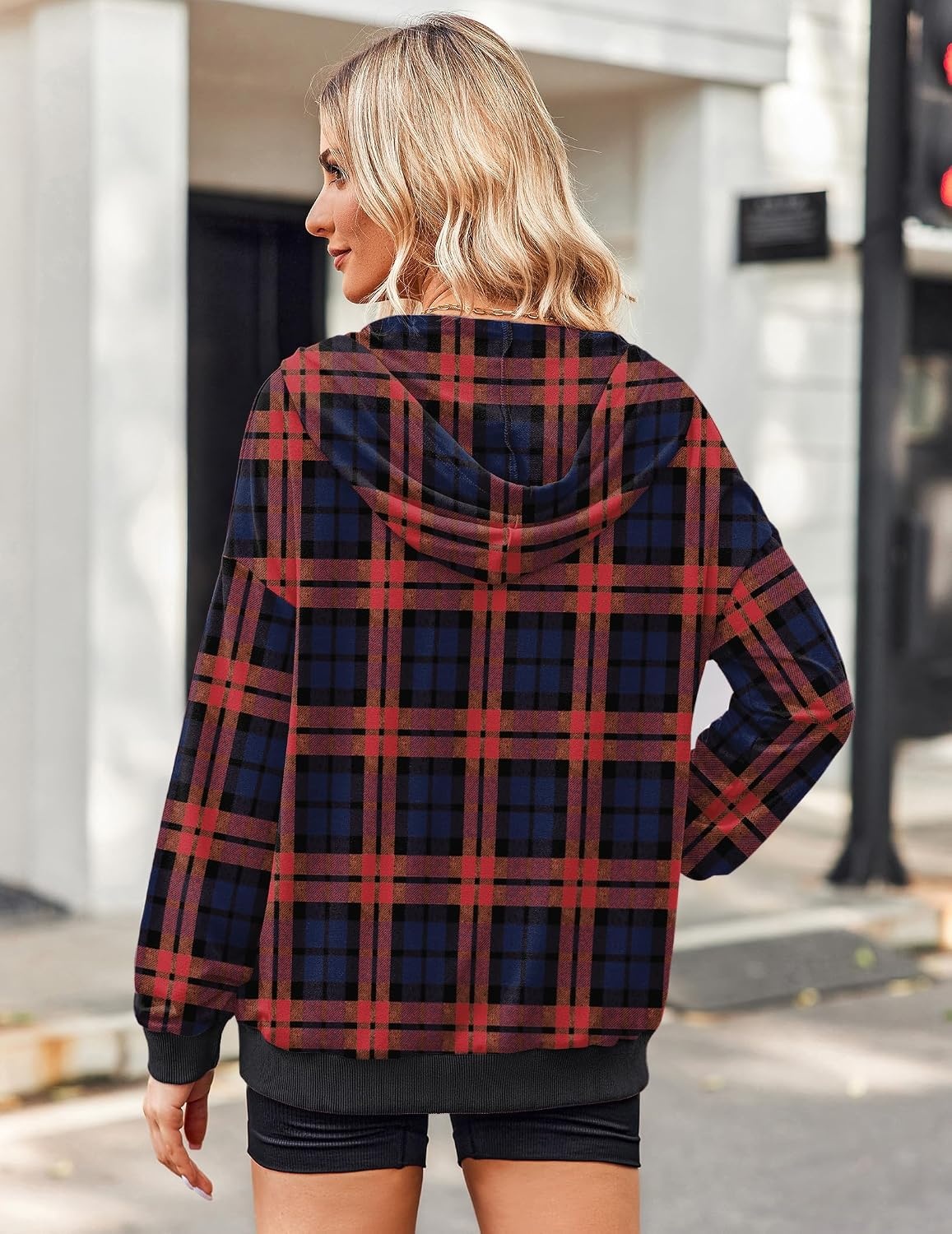 image:imageZeagoo Womens Lightweight Hoodies Full Zip Up Oversized Sweatshirt TrendyBlack Red Plaid