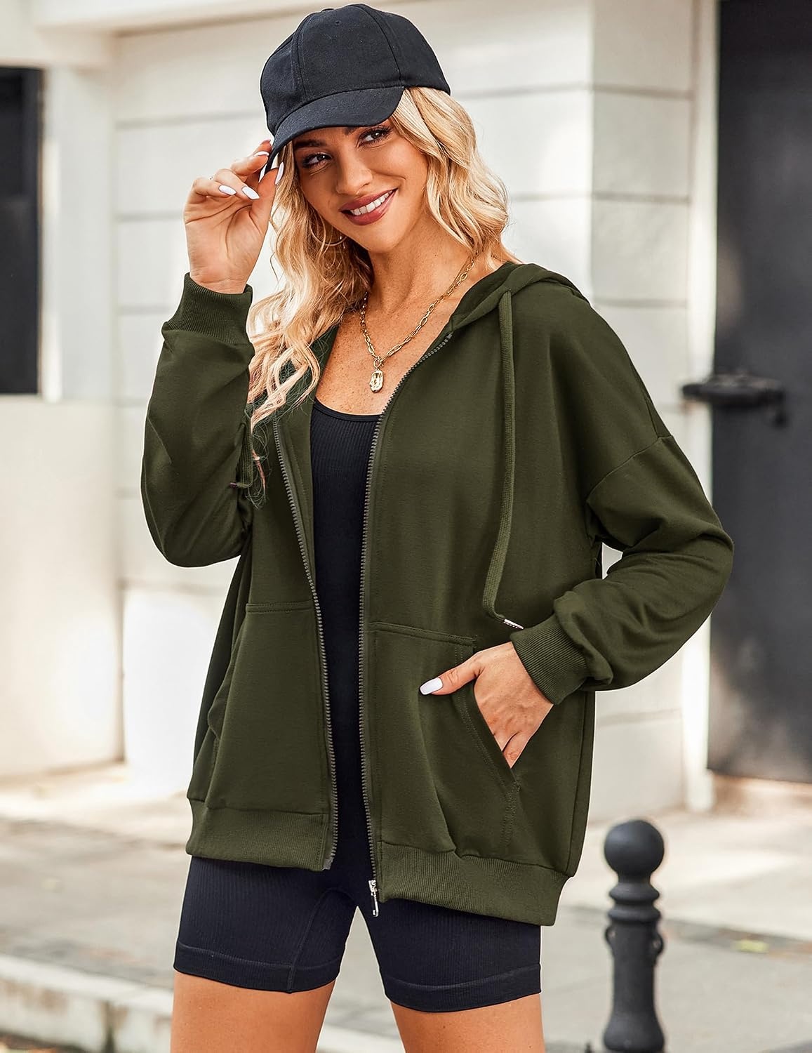image:imageZeagoo Womens Lightweight Hoodies Full Zip Up Oversized Sweatshirt TrendyGreen