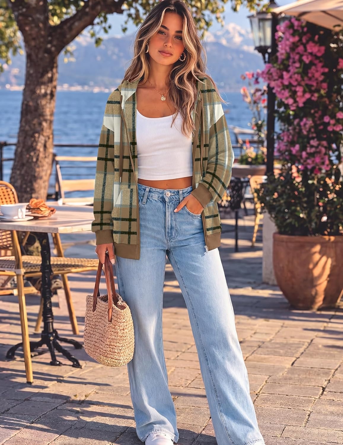 image:imageZeagoo Womens Lightweight Hoodies Full Zip Up Oversized Sweatshirt TrendyKhaki Plaid