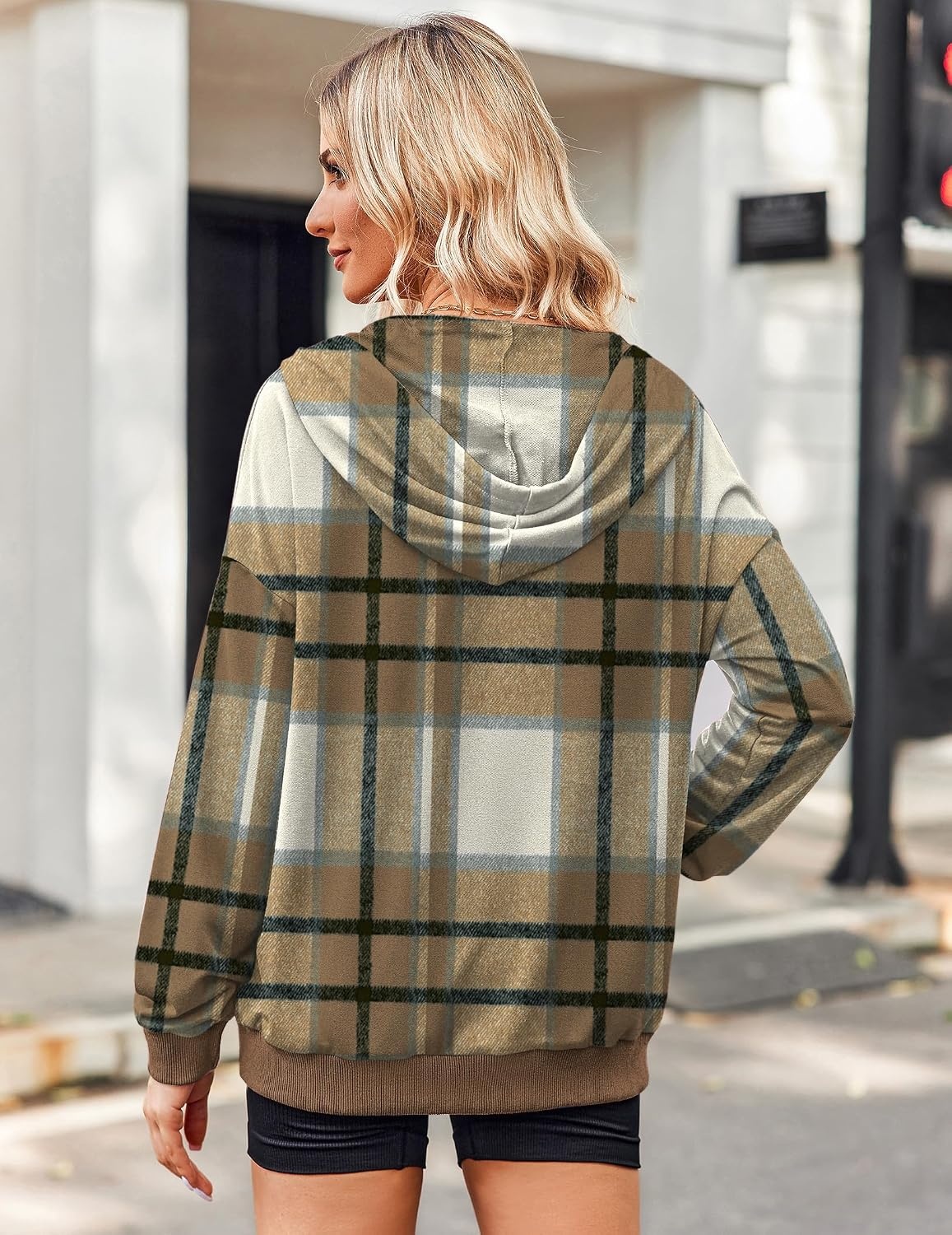image:imageZeagoo Womens Lightweight Hoodies Full Zip Up Oversized Sweatshirt TrendyKhaki Plaid