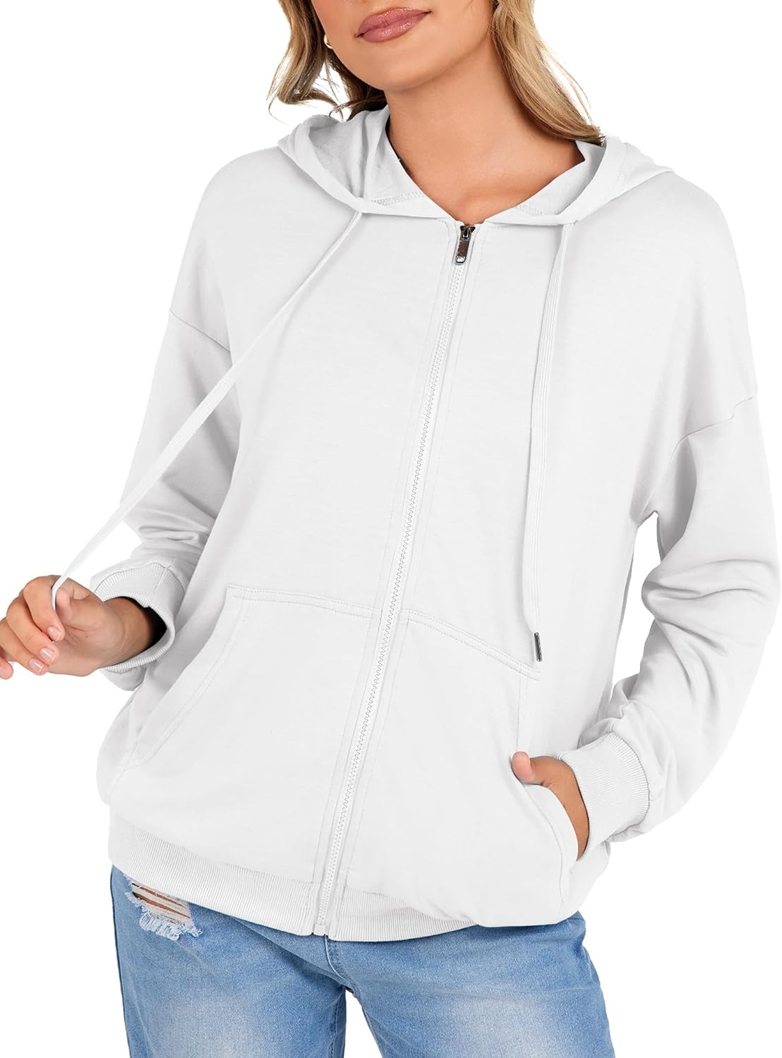 image:imageZeagoo Womens Lightweight Hoodies Full Zip Up Oversized Sweatshirt TrendyWhite