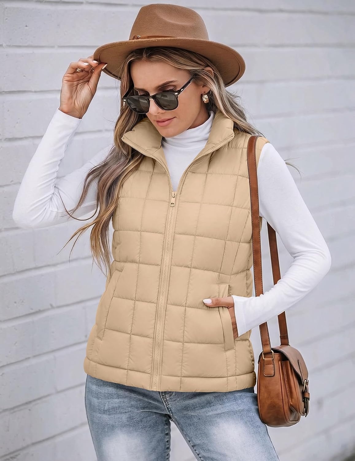 image:imageZeagoo Womens Lightweight Quilted Puffer Vest Stand Collar Zip Up OuterwearKhaki