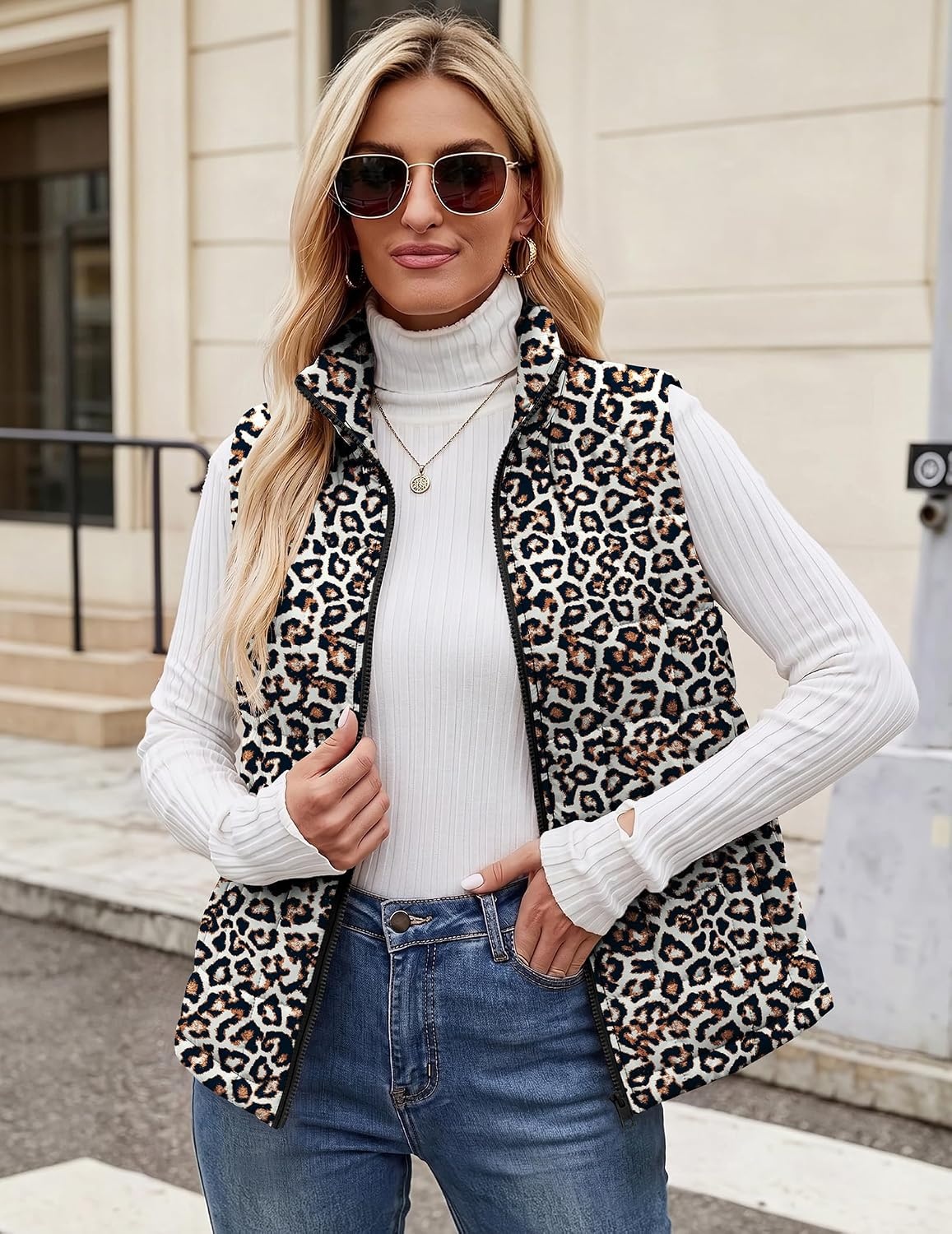 image:imageZeagoo Womens Lightweight Quilted Puffer Vest Stand Collar Zip Up OuterwearLeopard Apricot