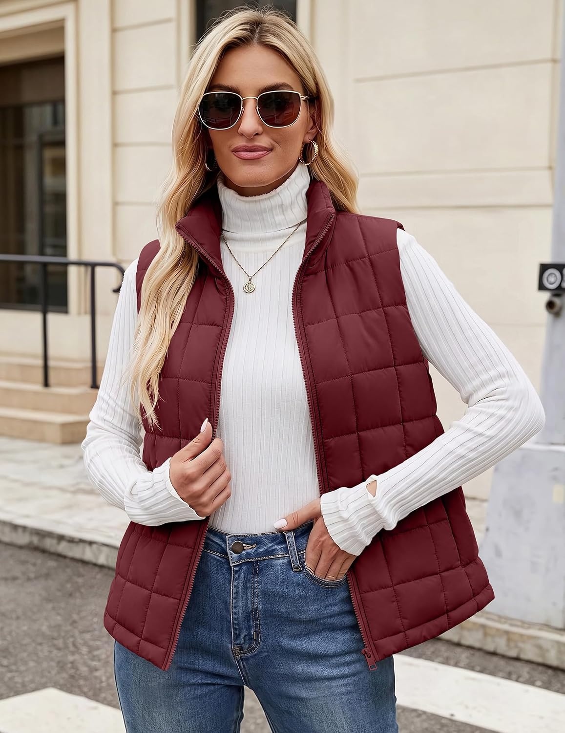 image:imageZeagoo Womens Lightweight Quilted Puffer Vest Stand Collar Zip Up OuterwearWine Red
