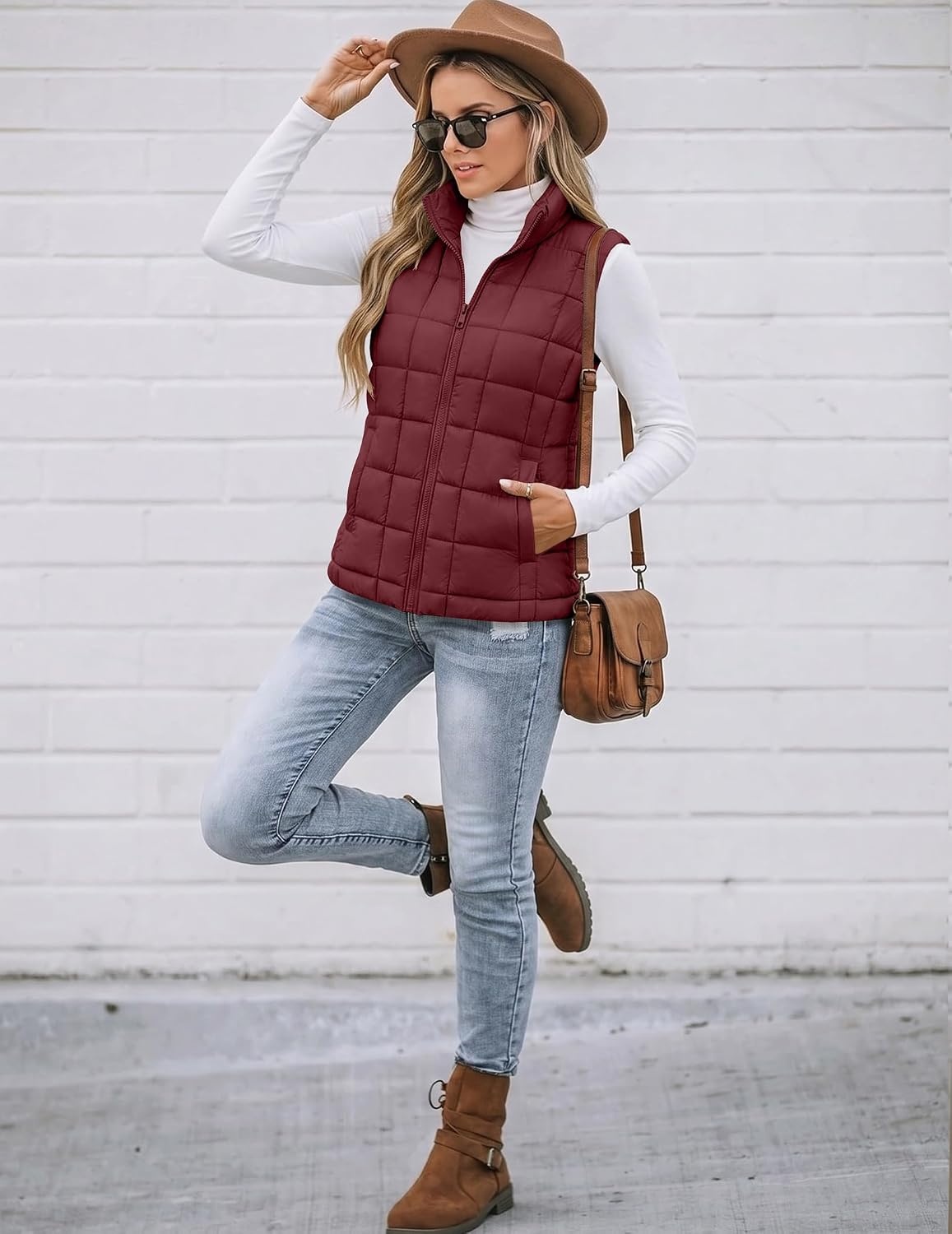 image:imageZeagoo Womens Lightweight Quilted Puffer Vest Stand Collar Zip Up OuterwearWine Red