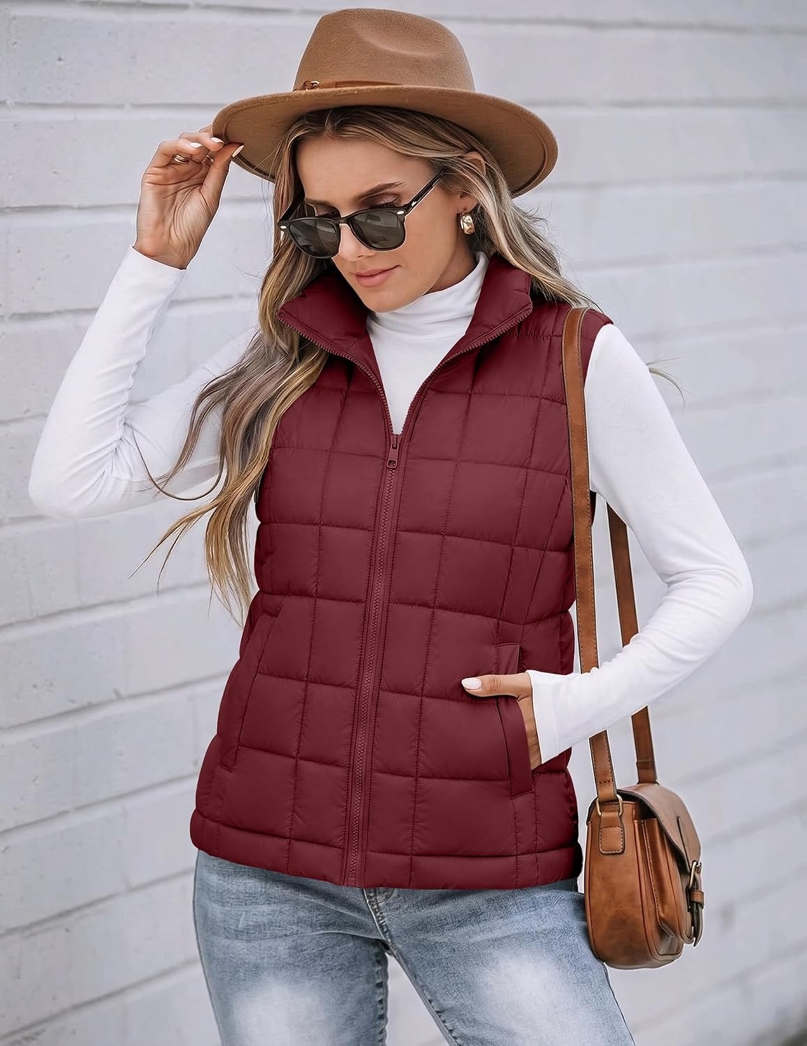 image:imageZeagoo Womens Lightweight Quilted Puffer Vest Stand Collar Zip Up OuterwearWine Red