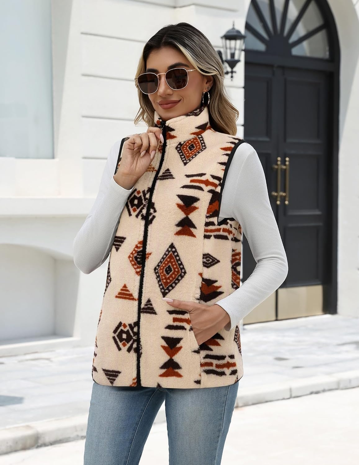 image:imageZeagoo Womens Outerwear Vests With Pockets Zipper Sleeveless Fleece JacketsAztec Print Apricot