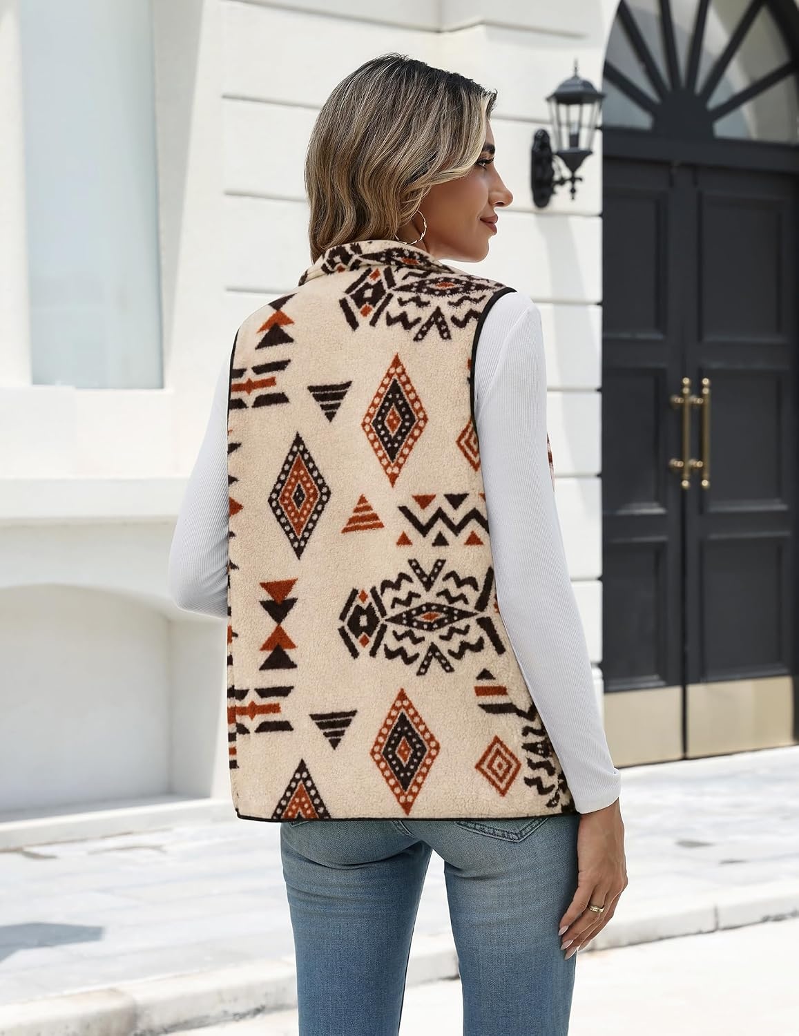 image:imageZeagoo Womens Outerwear Vests With Pockets Zipper Sleeveless Fleece JacketsAztec Print Apricot