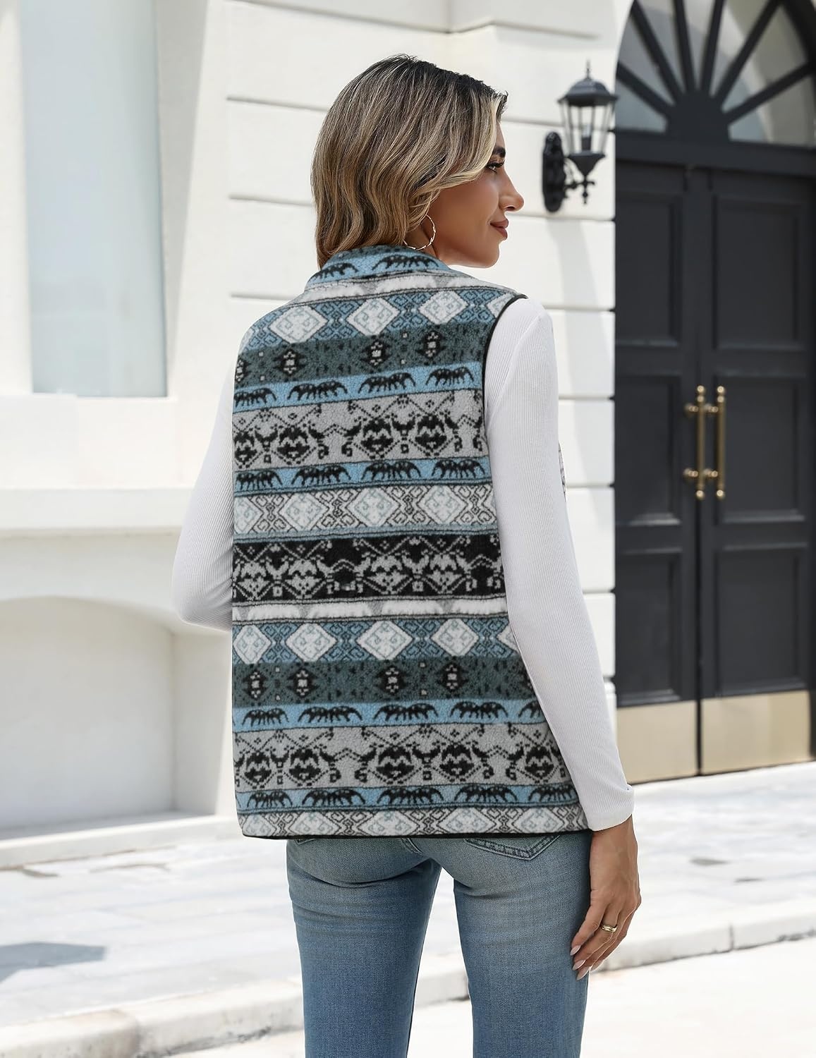 image:imageZeagoo Womens Outerwear Vests With Pockets Zipper Sleeveless Fleece JacketsAztec Print Blue