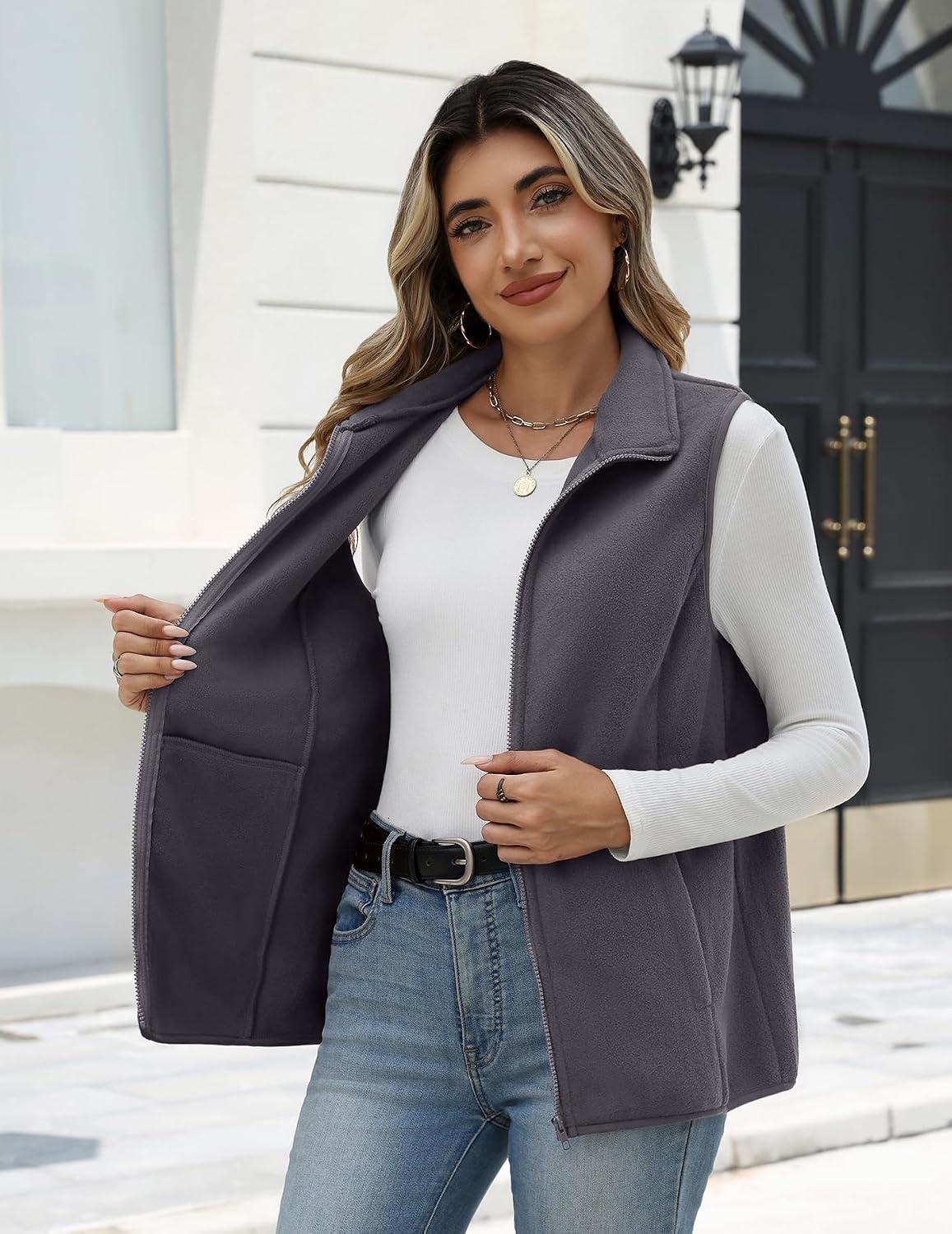 image:imageZeagoo Womens Outerwear Vests With Pockets Zipper Sleeveless Fleece JacketsLight Pink