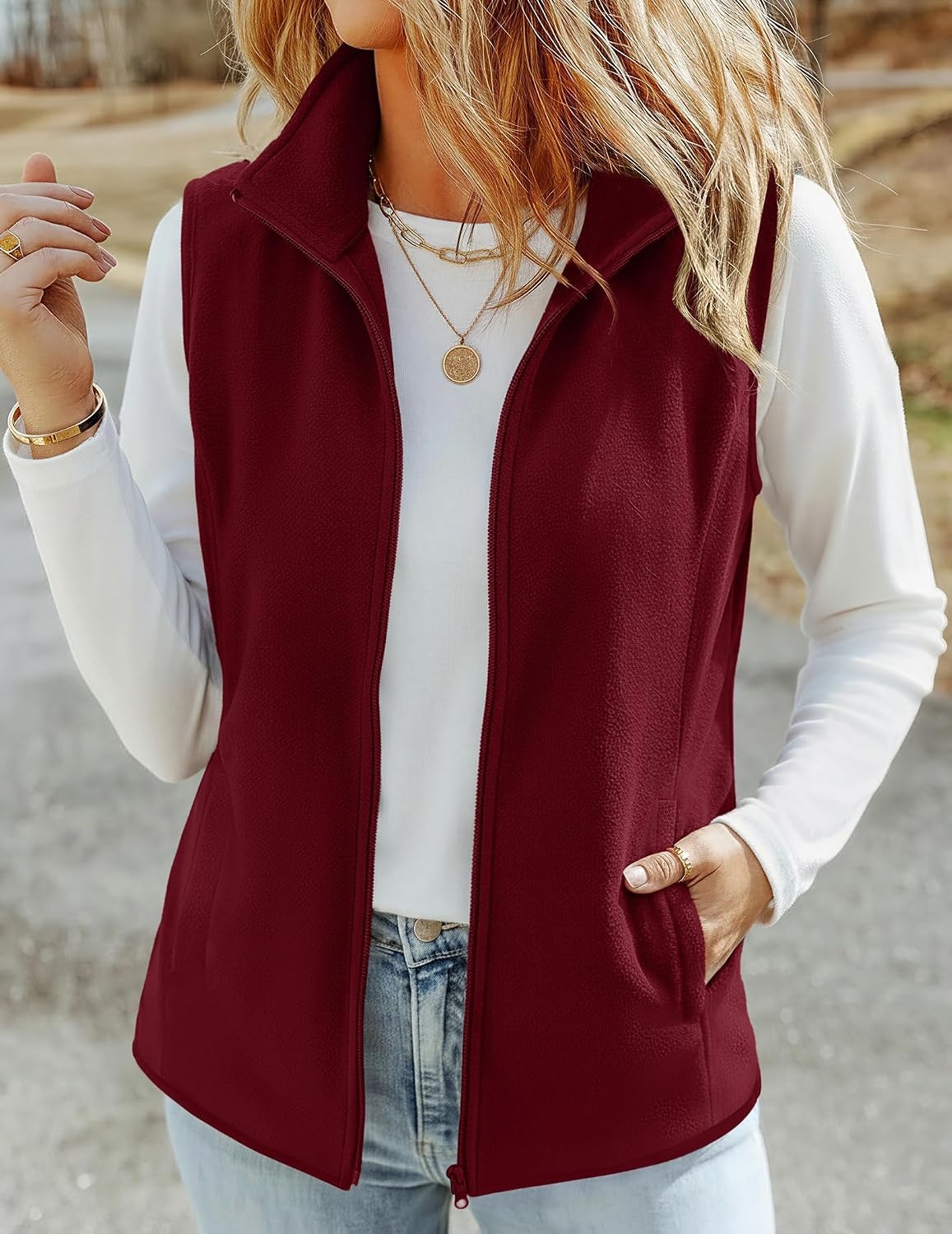 image:imageZeagoo Womens Outerwear Vests With Pockets Zipper Sleeveless Fleece JacketsWine Red