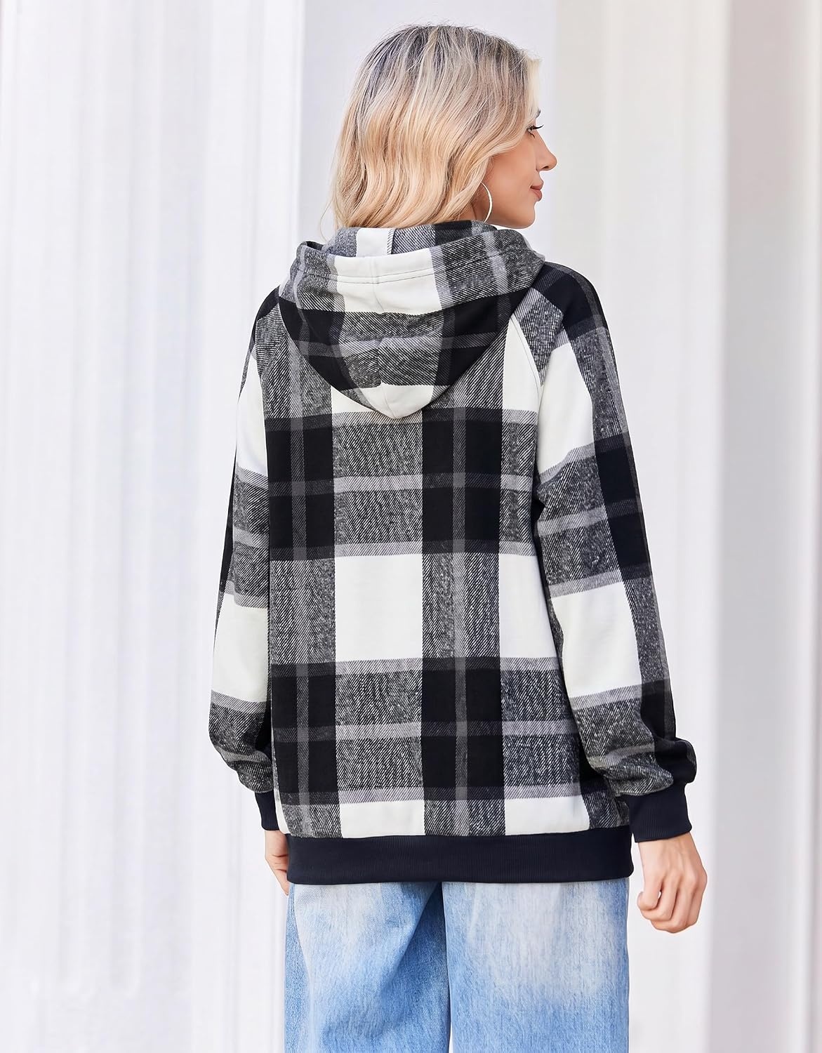 image:imageZeagoo Womens Oversized Hoodies Pullover Fleece Hooded Sweatshirt TrendyBlack White Plaid