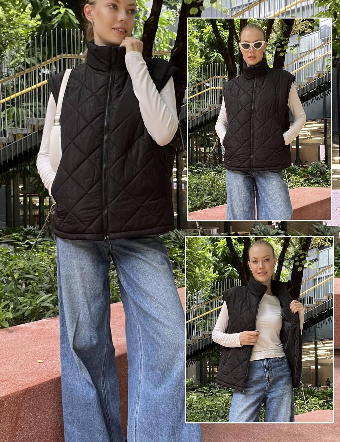 image:imageZeagoo Womens Oversized Puffer Vest Zip Up Stand Collar Lightweight Sleeveless Warm Outerwear Padded Jacket Winter Coat SXXLBlack
