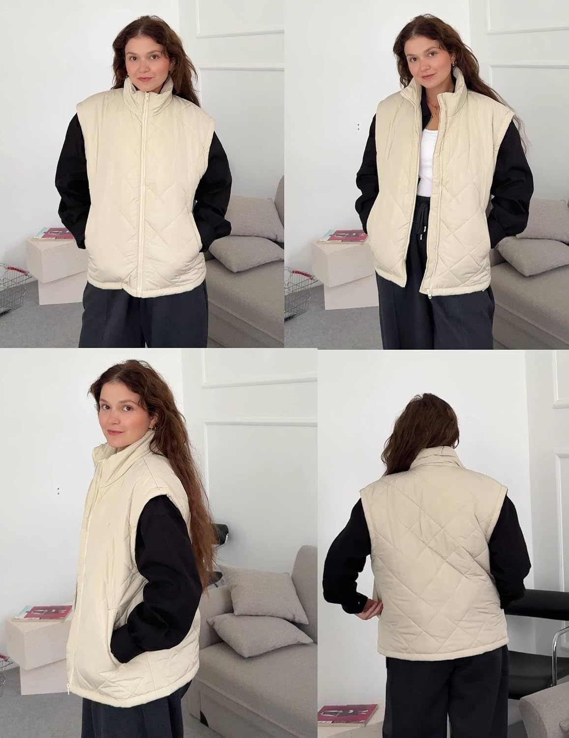 image:imageZeagoo Womens Oversized Puffer Vest Zip Up Stand Collar Lightweight Sleeveless Warm Outerwear Padded Jacket Winter Coat SXXLLight Apricot