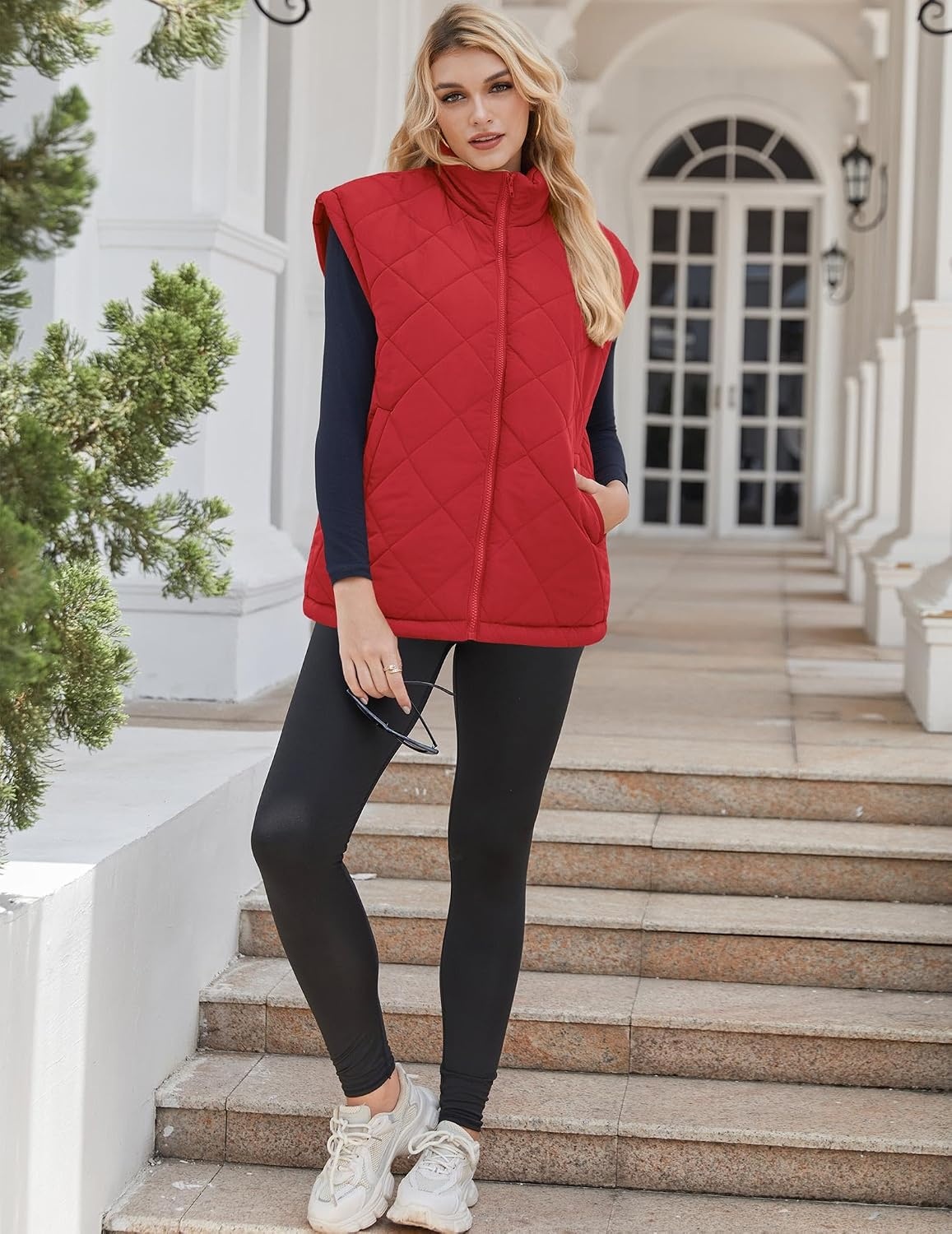 image:imageZeagoo Womens Oversized Puffer Vest Zip Up Stand Collar Lightweight Sleeveless Warm Outerwear Padded Jacket Winter Coat SXXLRed