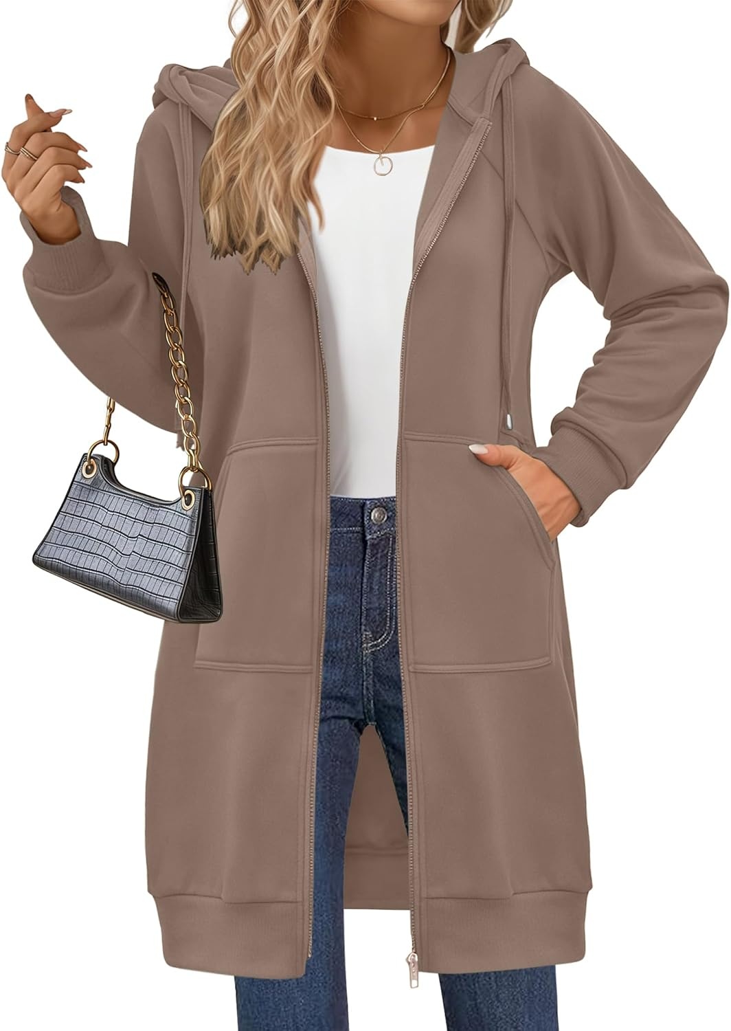 image:imageZeagoo Womens Zip Up Hoodies Long Sleeve Long Tunic Sweatshirts OversizedCoffee Grey